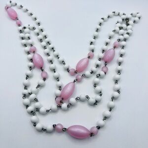 25” Vintage Light Pink, White, Goldtone Beaded Single Strand Necklace